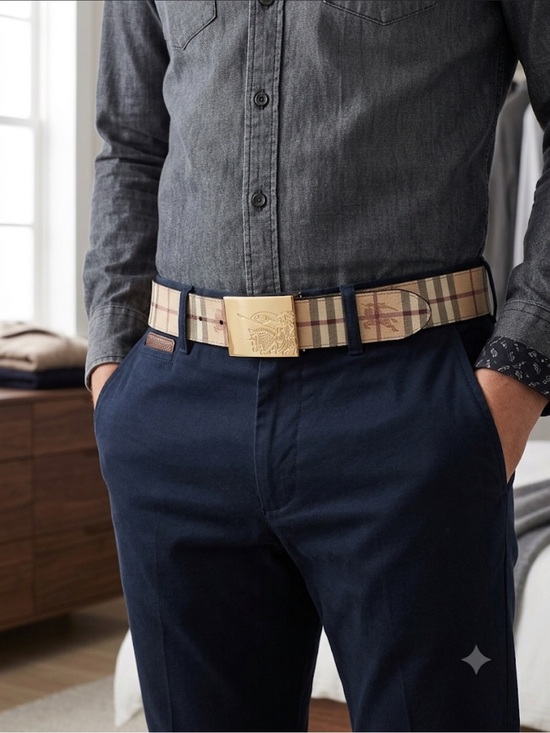 fashion belt Other - Classic Plaid Men’s Belt with Gold Buckle - Beige/Navy